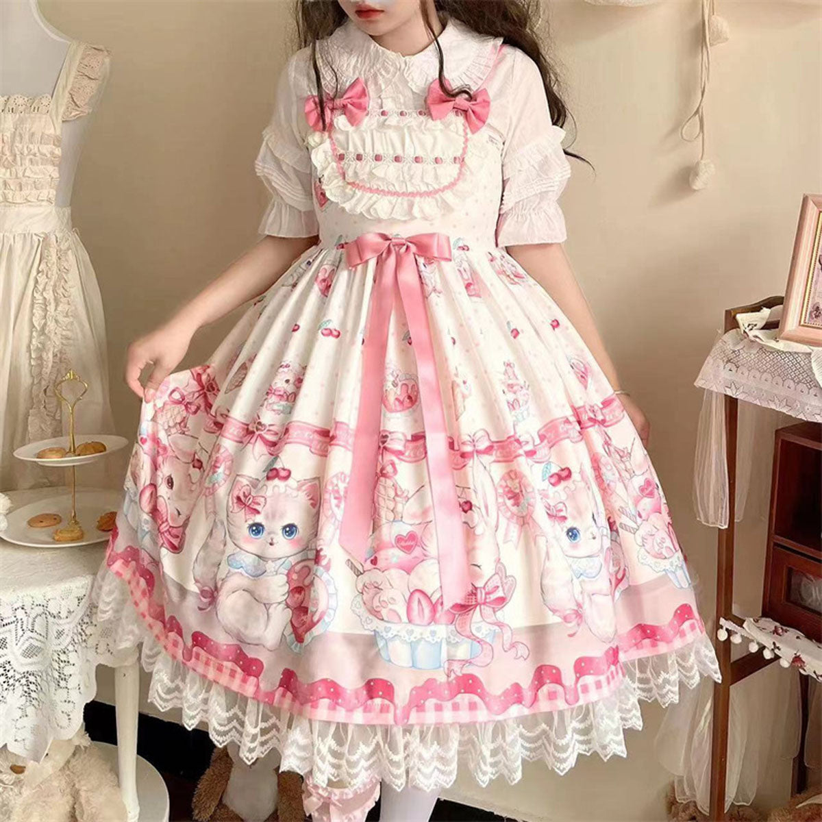 Cute Cos Lolita Dresses for Women Vintage Dress Cotton with Bunny Short Sleeves Off Shoulder